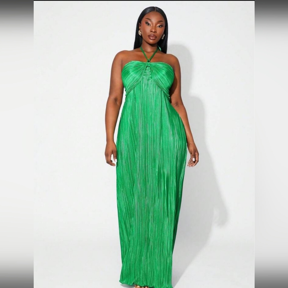 SHEIN SXY Plus Size Women Green Pleated Wrap Neck Maxi Dress